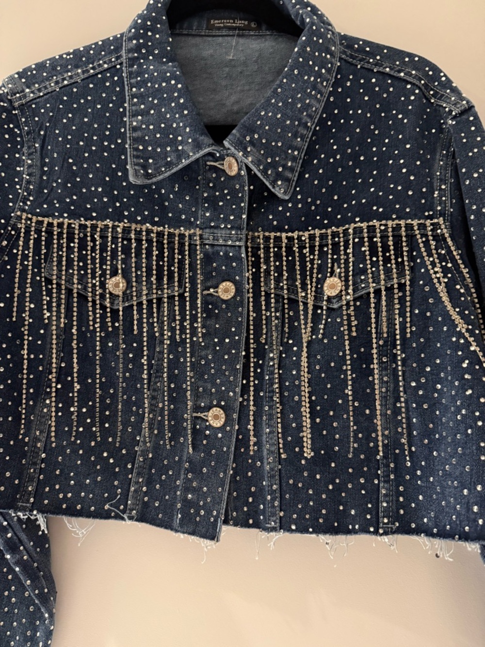 Embellished Cropped Denim Jacket - Dark Blue Rhinestone Fringe - Picture 2 of 5